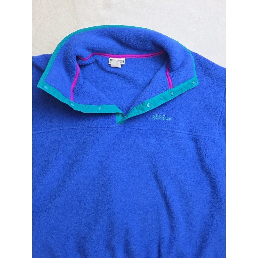 Vintage 90s‎ LL Bean Spell Out Script Snap Button Fleece Sweater Blue USA Mens L